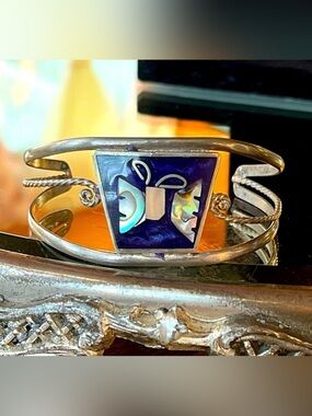 Vintage Signed Alpaca Mexico Enamel & Abalone Openwork Cuff Bracelet